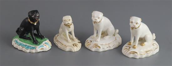 Four Derby porcelain figures of seated pug dogs, c.1830, H. 5.5cm - 7cm